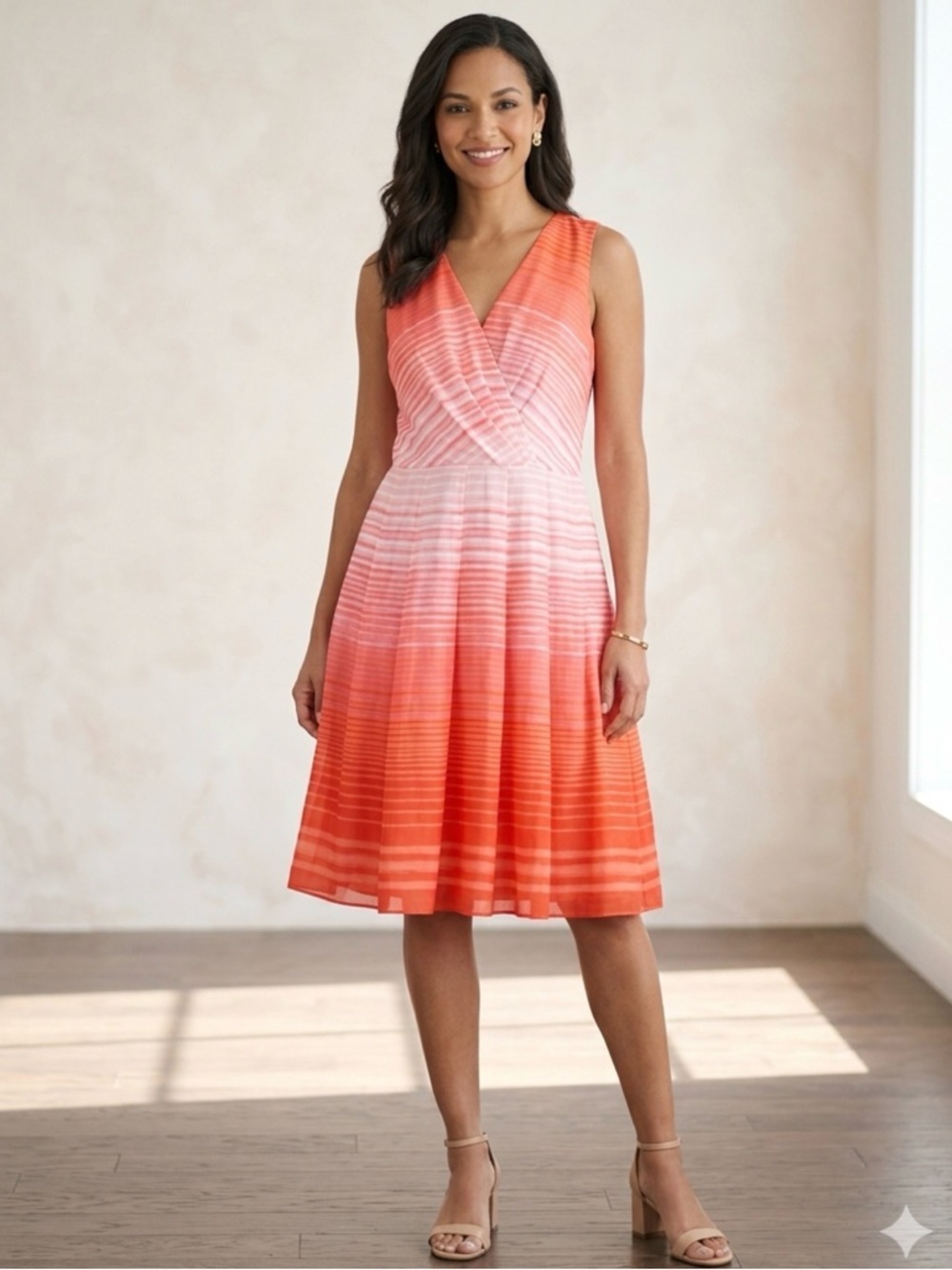 Evan Picone Orange Pink Ombre Striped V-Neck Midi Dress - Size 12